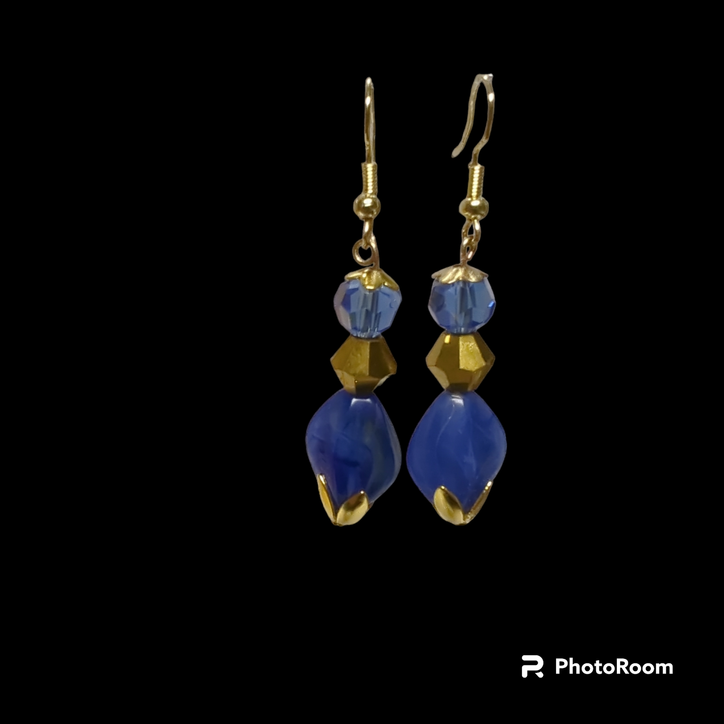 Gold and blue bead earrings.